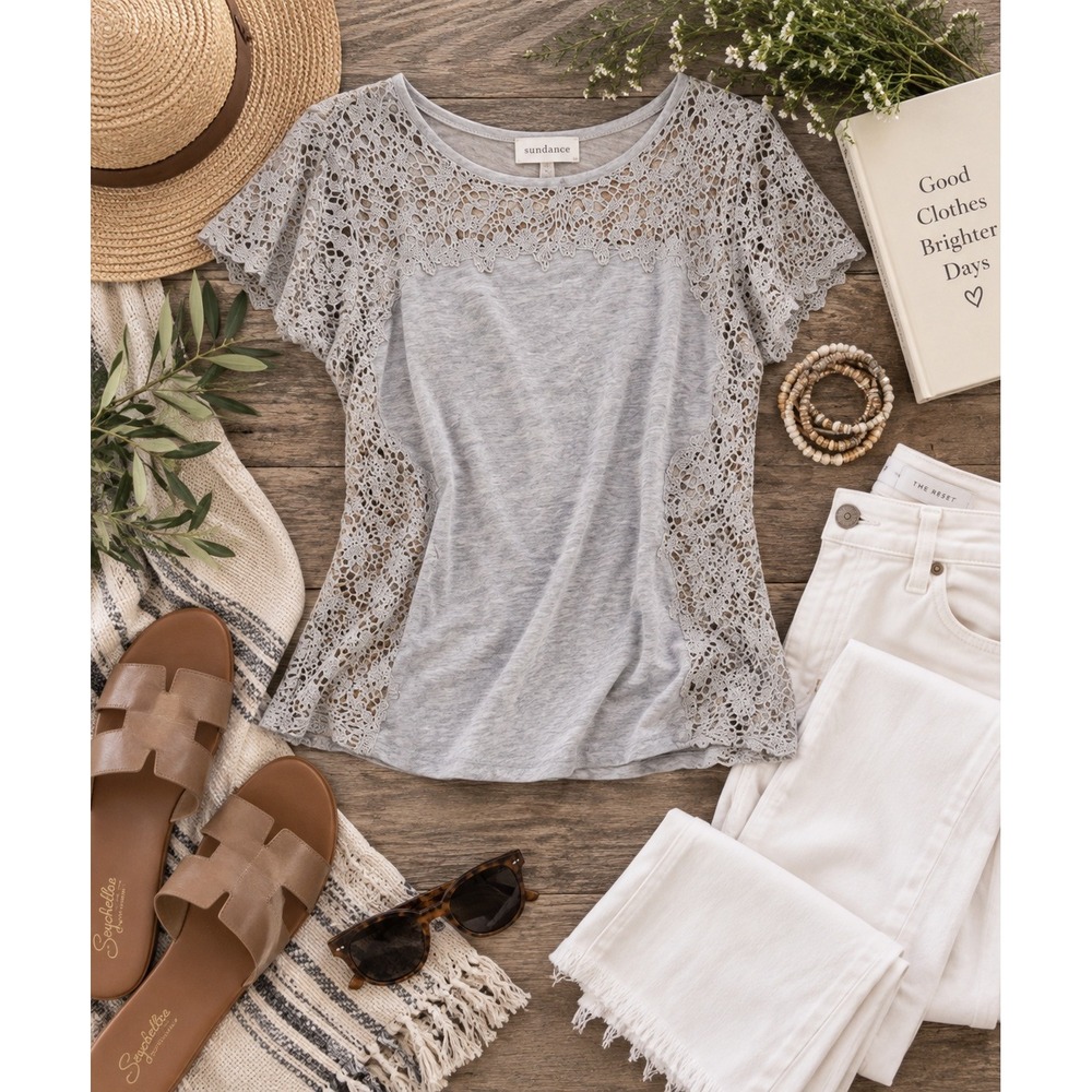 Sundance Womens Gray Crochet Lace Trim Short Sleeve Top Size L Heathered Gray